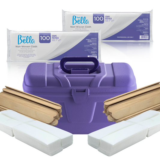 Depil Bella Bundle - 200 Non-Woven Cloths, 400 Eyebrow Wax Strips, 200 Wooden Wax Sticks, and Purple Plastic Case - Buy professional cosmetics dedicated to hair removal