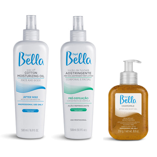 Kit Depil Bella, Yellow Pack, Pre Waxing Astringent Lotion, Post Waxing - Oil Moisturizing Remover, Chamomile Body Gel - Depilcompany
