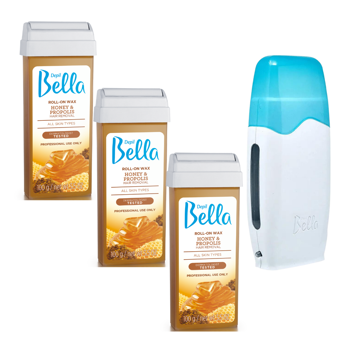 Depil Bella Hair Removal Bundle - Roll On Honey, Pre-Wax Astringent, Wax-Off Oil, Warmer, Non-Woven Cloths & Case - Buy professional cosmetics dedicated to hair removal