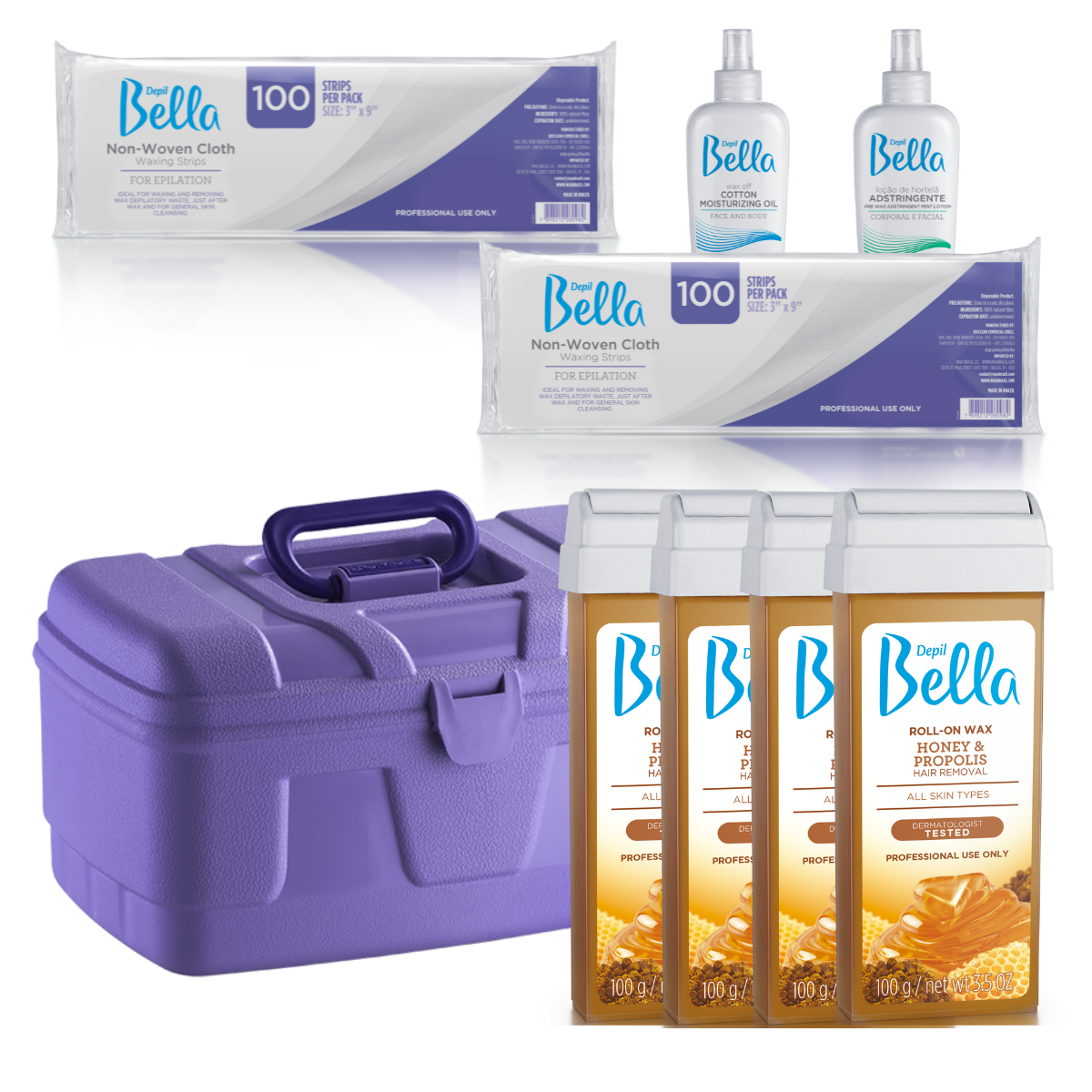 Depil Bella Bundle - 200 Non-Woven Cloths, 4 Roll-On Honey Wax, Pre-Wax Astringent Lotion, Wax-Off Moisturizing Oil, and Purple Plastic Case