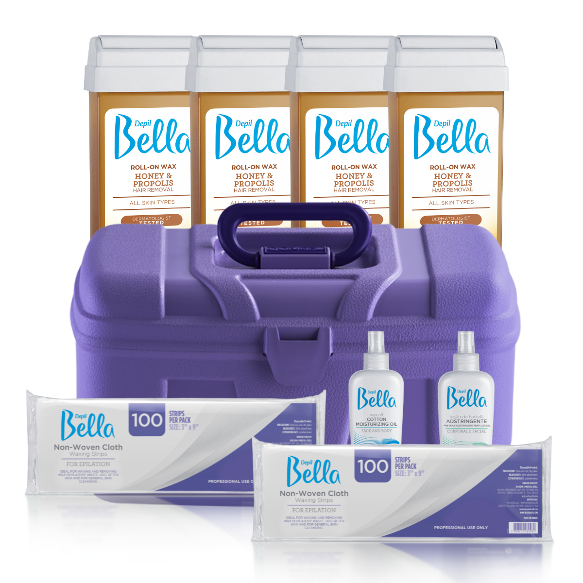 Depil Bella Bundle - 200 Non-Woven Cloths, 4 Roll-On Honey Wax, Pre-Wax Astringent Lotion, Wax-Off Moisturizing Oil, and Purple Plastic Case - Buy professional cosmetics dedicated to hair removal