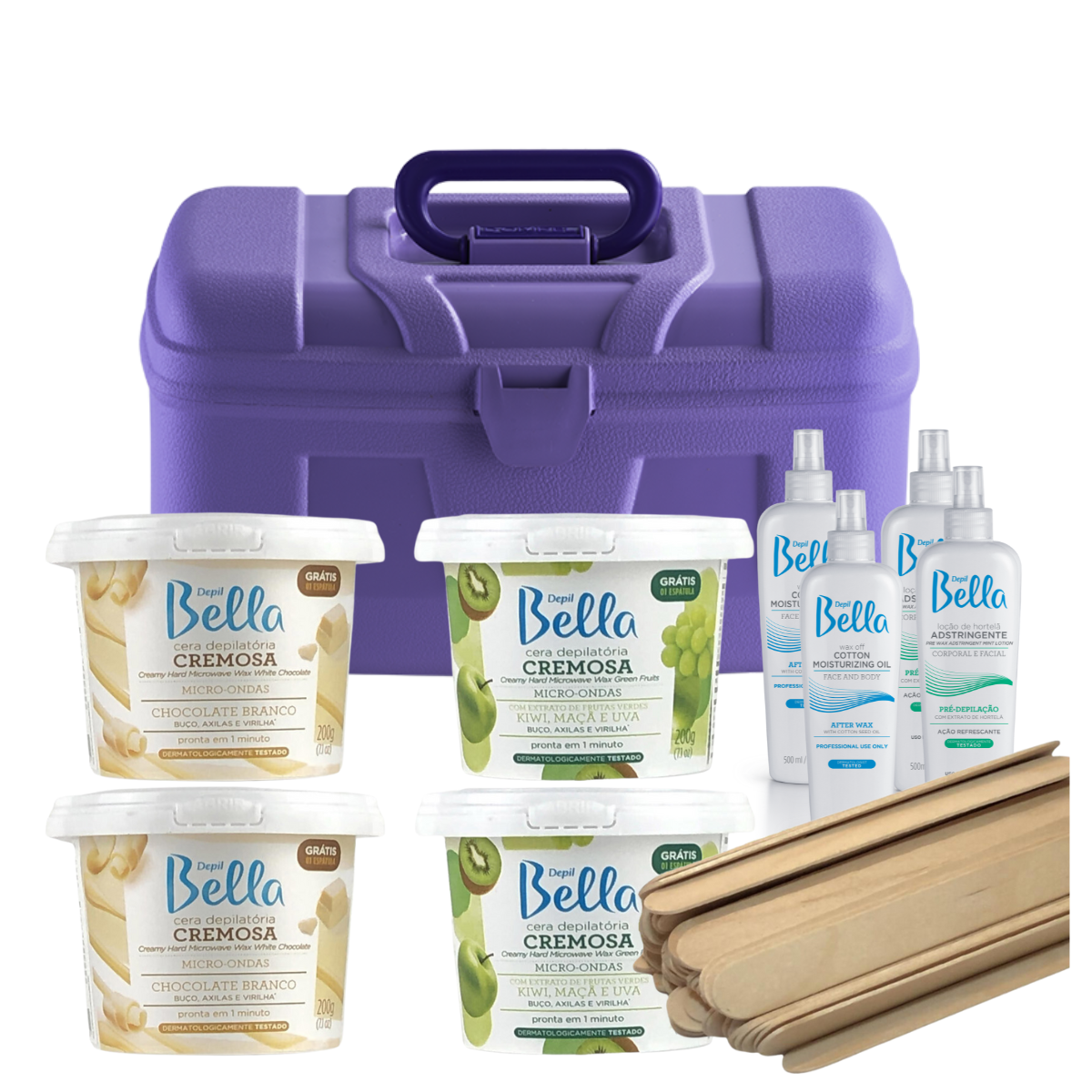 Paquete de depilación Depil Bella - 2 chocolate blanco y 2 cera dura para microondas verde | 100 palitos de cera de madera | 2 Pre-Cera Astringente | 2 Aceite para encerado | Práctico estuche de almacenamiento.