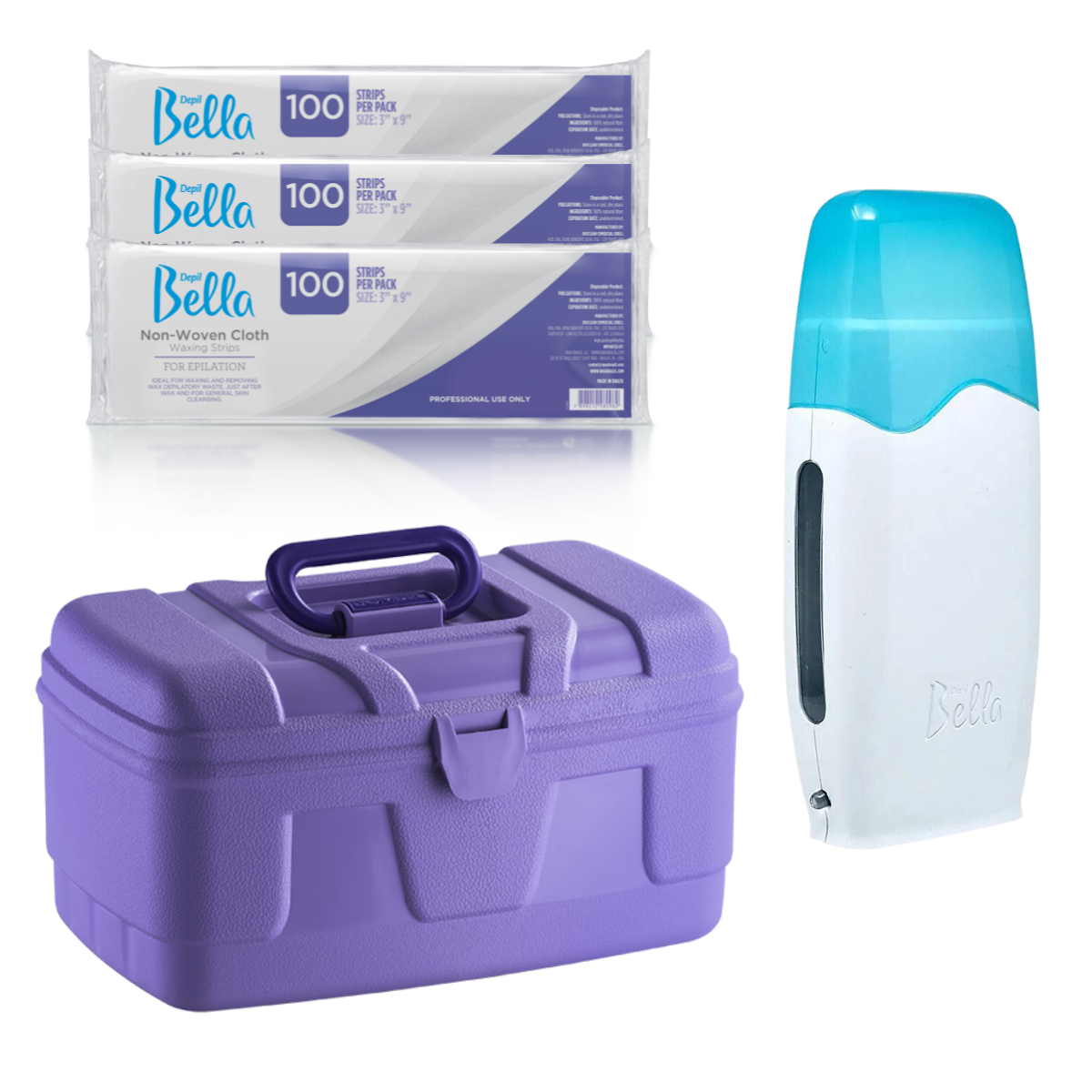 Depil Bella Bundle - 3 Non-Woven Cloths, Automatic Warmer Device, and Purple Plastic Case