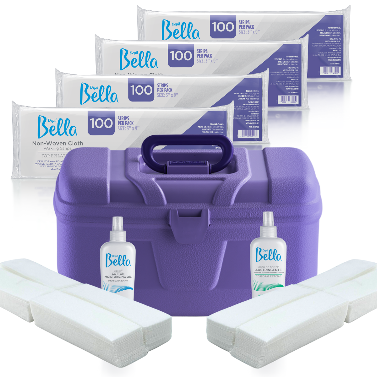 Depil Bella Bundle - 4 Non-Woven Cloths, 400 Eyebrow Wax Strips, Pre-Wax Astringent, Wax-Off Moisturizing Oil, and Purple Plastic Case - Buy professional cosmetics dedicated to hair removal