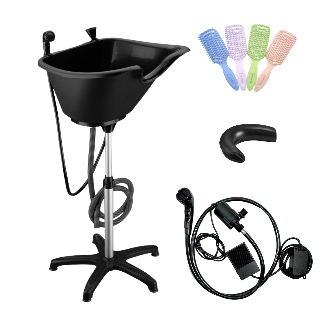 Unidad de lavado de cabello portátil DOMPEL | con Bomba Eléctrica con Ducha y Manguera, Manguera de Drenaje, Reposacabezas y Juego de Cepillo para el Cabello. Modelo 1891