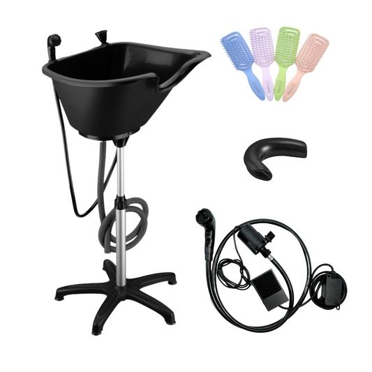DOMPEL Portable Hair Washing Unit | with Electric Pump with Shower and Hose, Drainage Hose, Headrest and Hair Brush Set. Model 1891