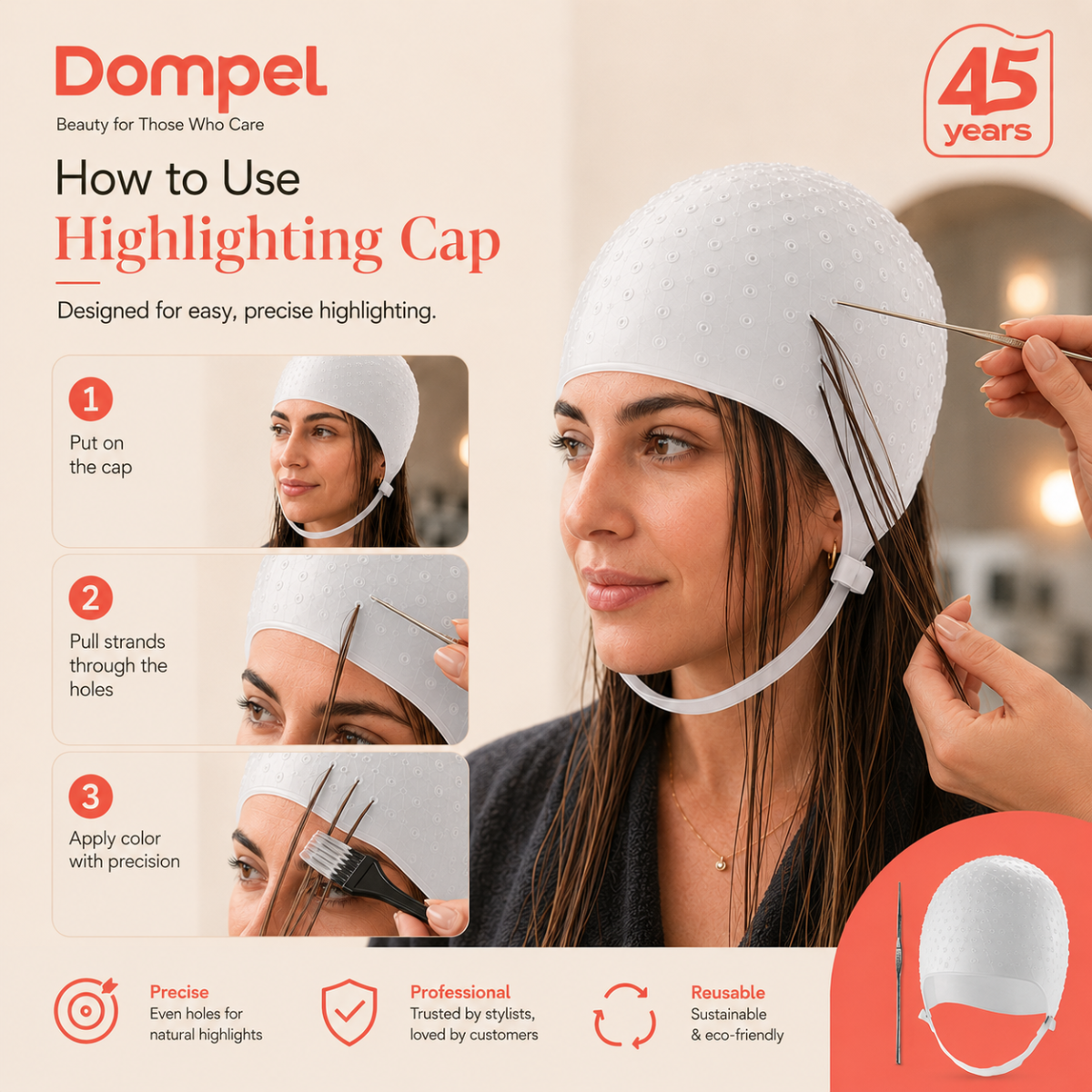Dompel Silicone Highlight Hair Cap with Needle | Model 233 CA (2 PCS)