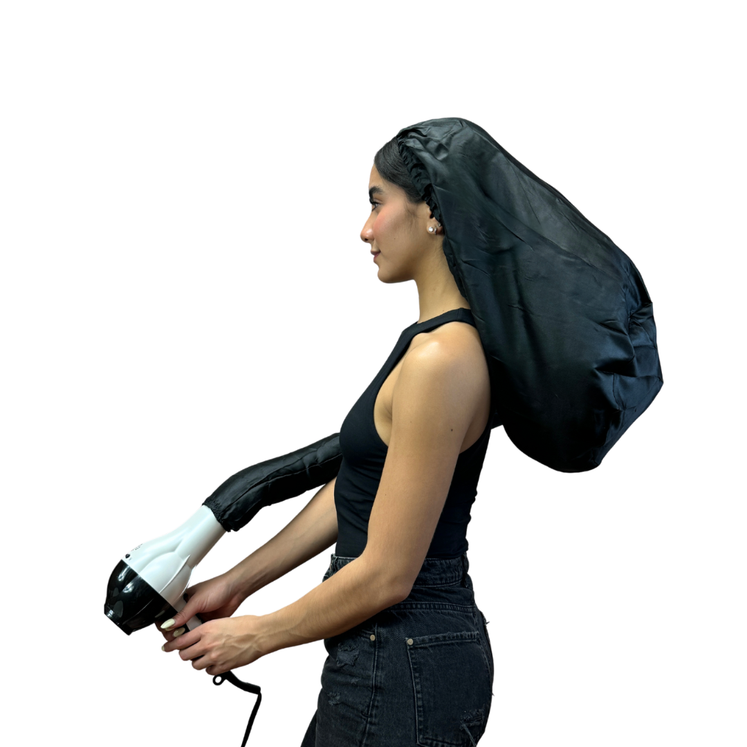 Gorro difusor de satén negro Dompel | Mejora el secado del cabello, reduce el frizz, protege el cabello Banda elástica y elemento de goma para un ajuste seguro (TALLA M)