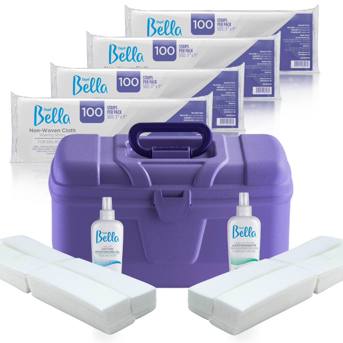 Depil Bella Bundle - 4 Non-Woven Cloths, 400 Eyebrow Wax Strips, Pre-Wax Astringent, Wax-Off Moisturizing Oil, and Purple Plastic Case-SOFTWAX-DEPILBELLA