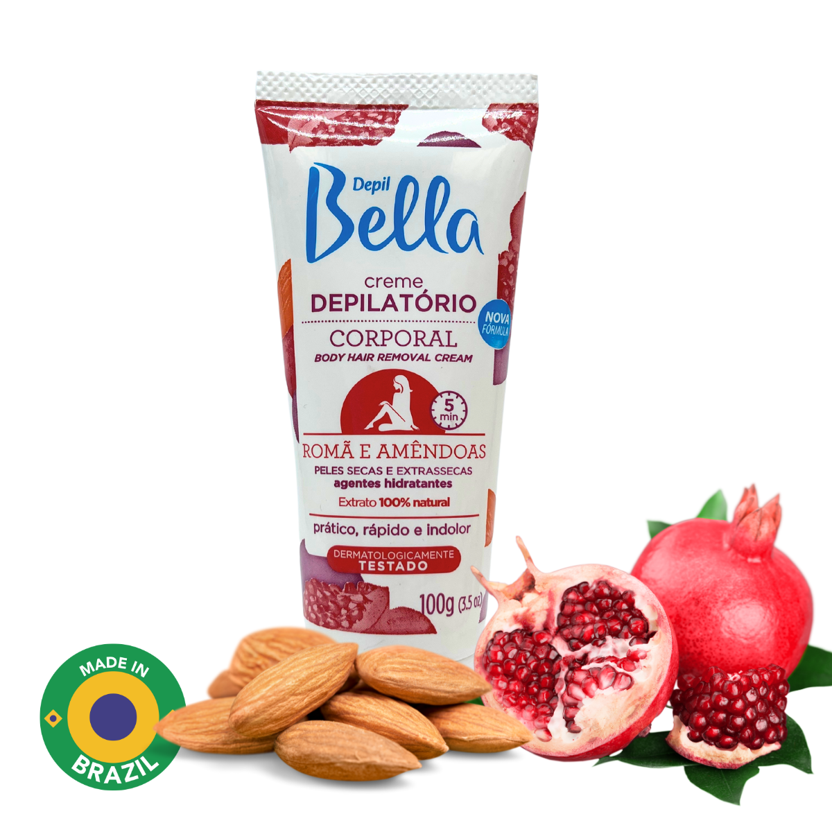 Depil Bella Pomegranate and Almond Hair Removal Cream - Nourishing Formula for Dry to Extra Dry Skin, Natural Extracts, Deodorant Action, 100g-DEPILBELLA