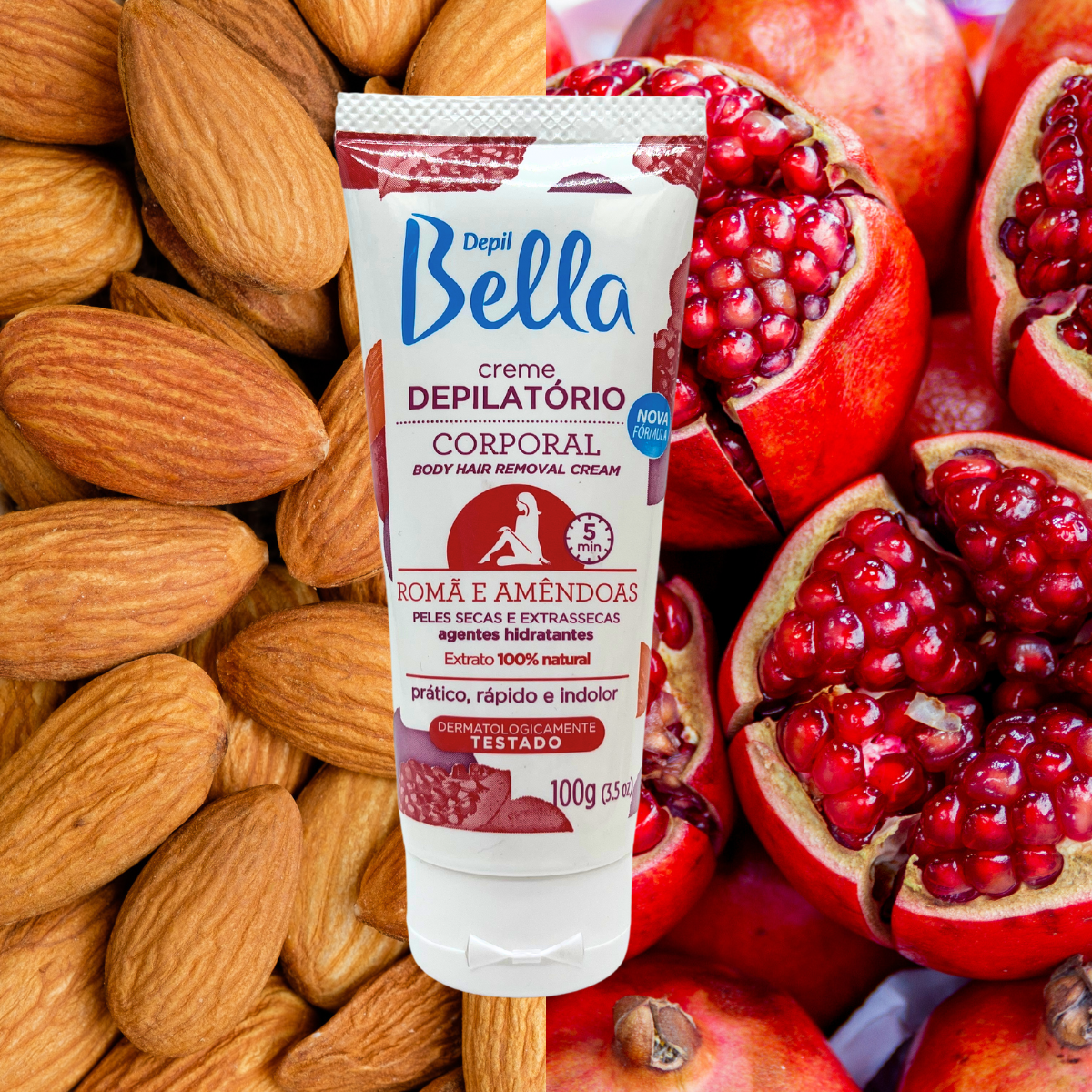 Depil Bella Pomegranate and Almond Hair Removal Cream - Nourishing Formula for Dry to Extra Dry Skin, Natural Extracts, Deodorant Action, 100g-DEPILBELLA