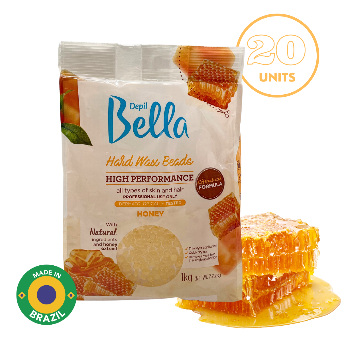 Depil Bella Hard Wax Beads Honey - Professional Hair Removal, 2.2 lbs (20 Units Offer)