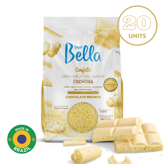 Depil Bella Cera Depilatoria Cremosa Confeti Chocolate Blanco - Depilación Suave para Pieles Sensibles, 2.2 LBS (20 UND)