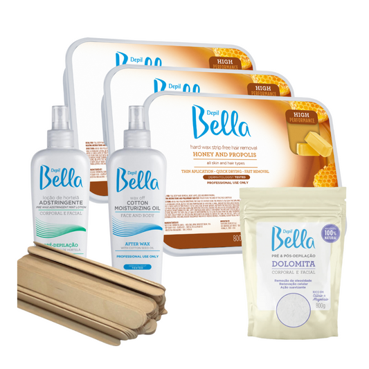 Bundle Depil Bella Hard wax Honey with propolis 28.2 Oz (3 und) + 1 Pre Waxing + 1 Post Waxing + 1 Dolomita + 100 Wooden Spatulas - depilcompany