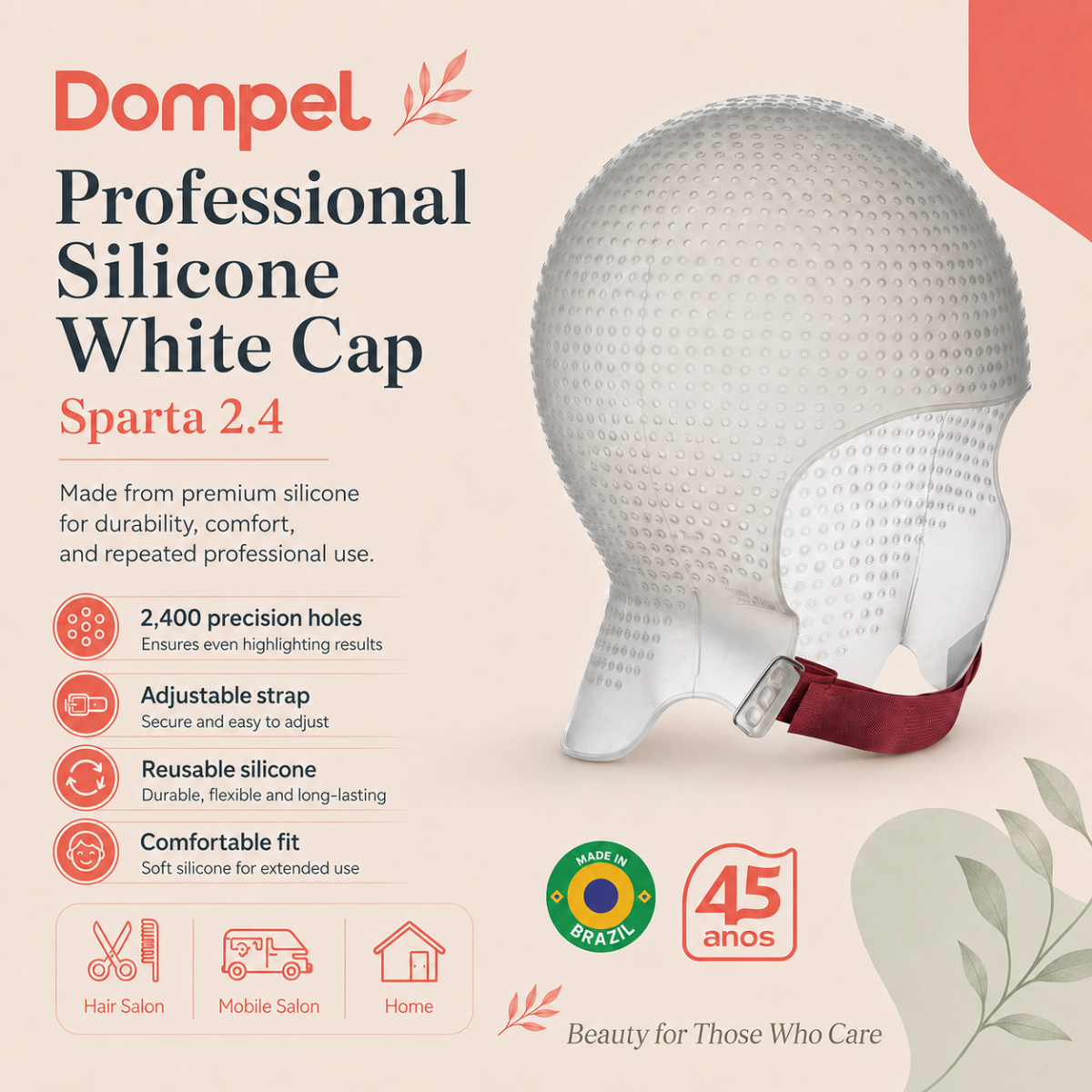 DOMPEL Sparta 2.4K Silicone Highlight Hair Cap Color White | 2,400 Strategically Positioned Holes | with metal needle