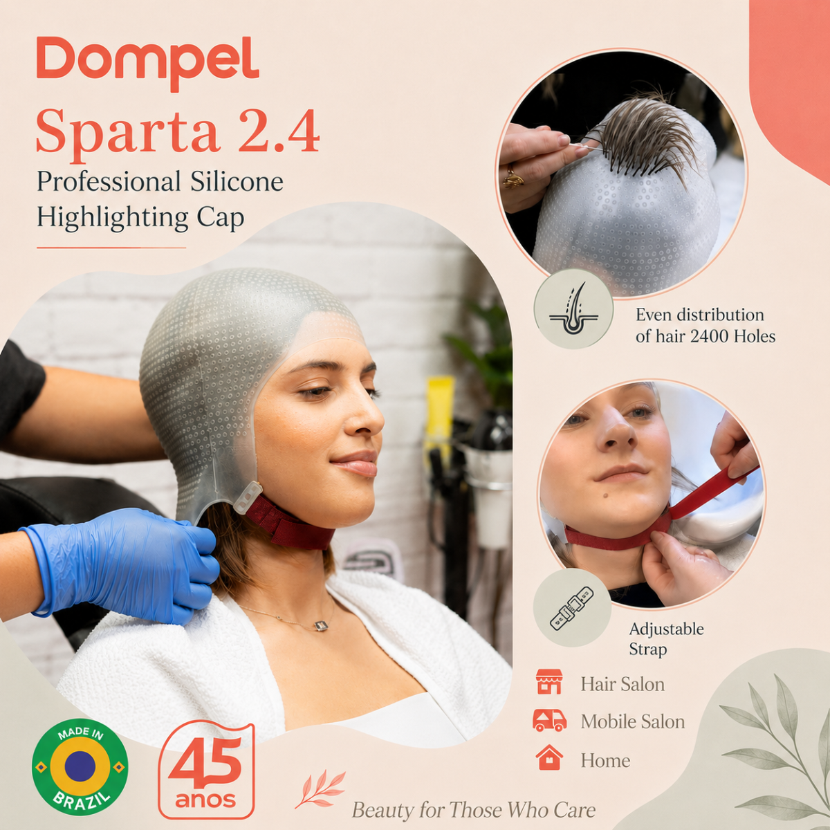 DOMPEL Sparta 2.4K Silicone Highlight Hair Cap Color White | 2,400 Strategically Positioned Holes | with metal needle