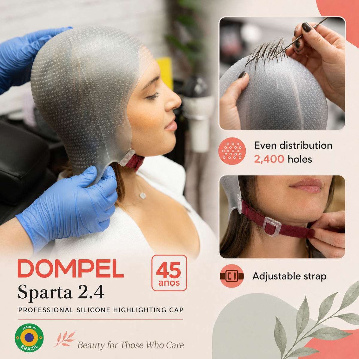 DOMPEL Sparta 2.4K Silicone Highlight Hair Cap Color White | 2,400 Strategically Positioned Holes | with metal needle
