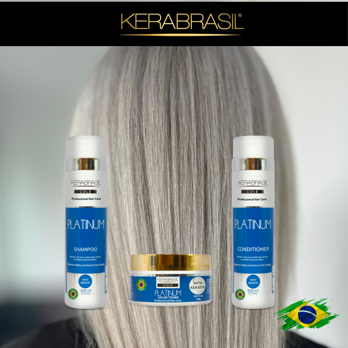 KERABRASIL Platinum Hair Care Set - 300ml Shampoo & Conditioner, 250g Treatment Cream-KERABRASIL