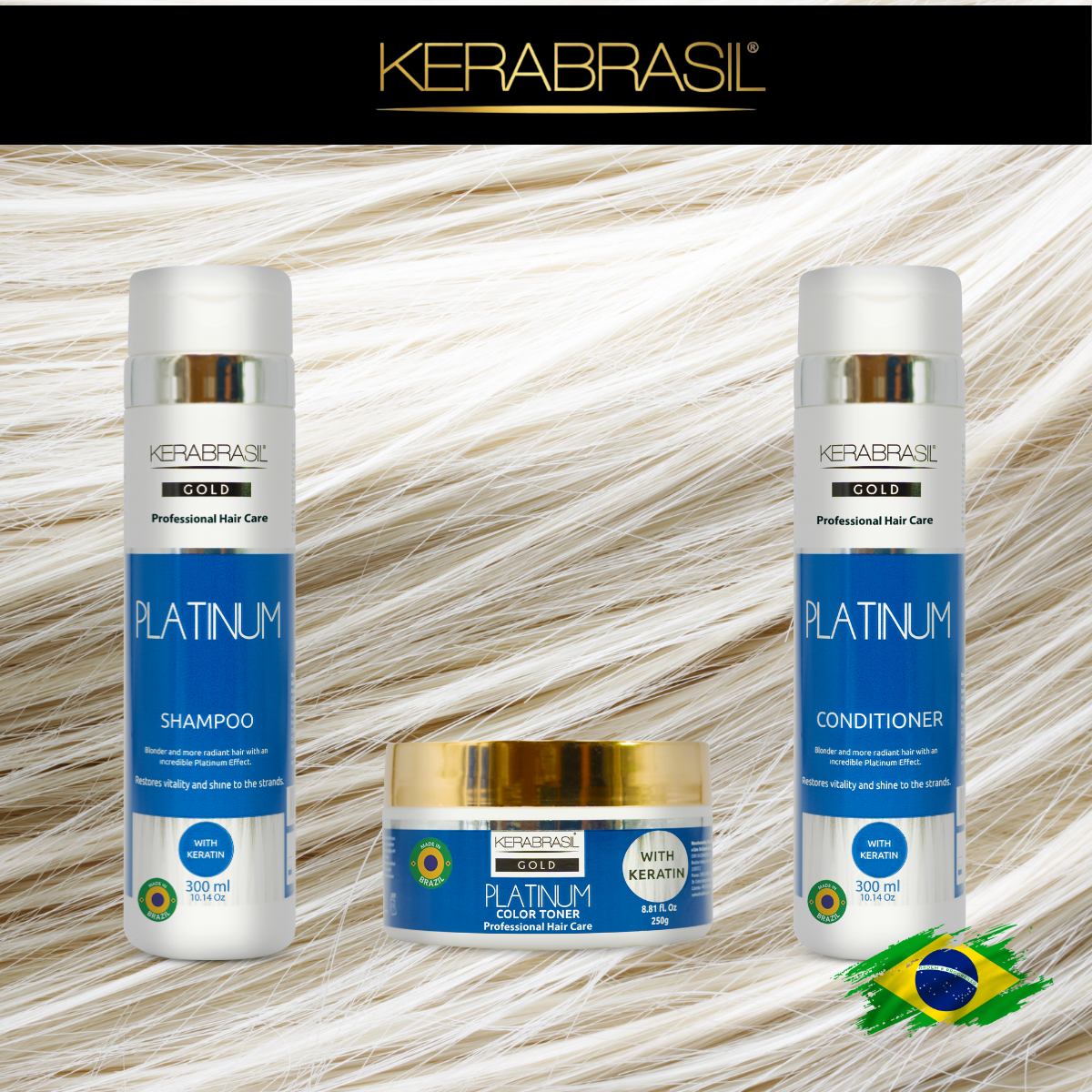 KERABRASIL Platinum Hair Care Set - 300ml Shampoo & Conditioner, 250g Treatment Cream-KERABRASIL