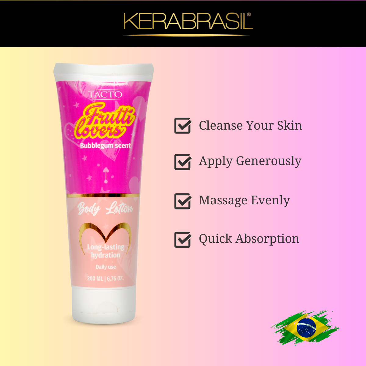 Loción corporal con aroma a chicle Kerabrasil Frutti Lovers: hidratación profunda, piel suave, 6.76 oz - Depilcompany