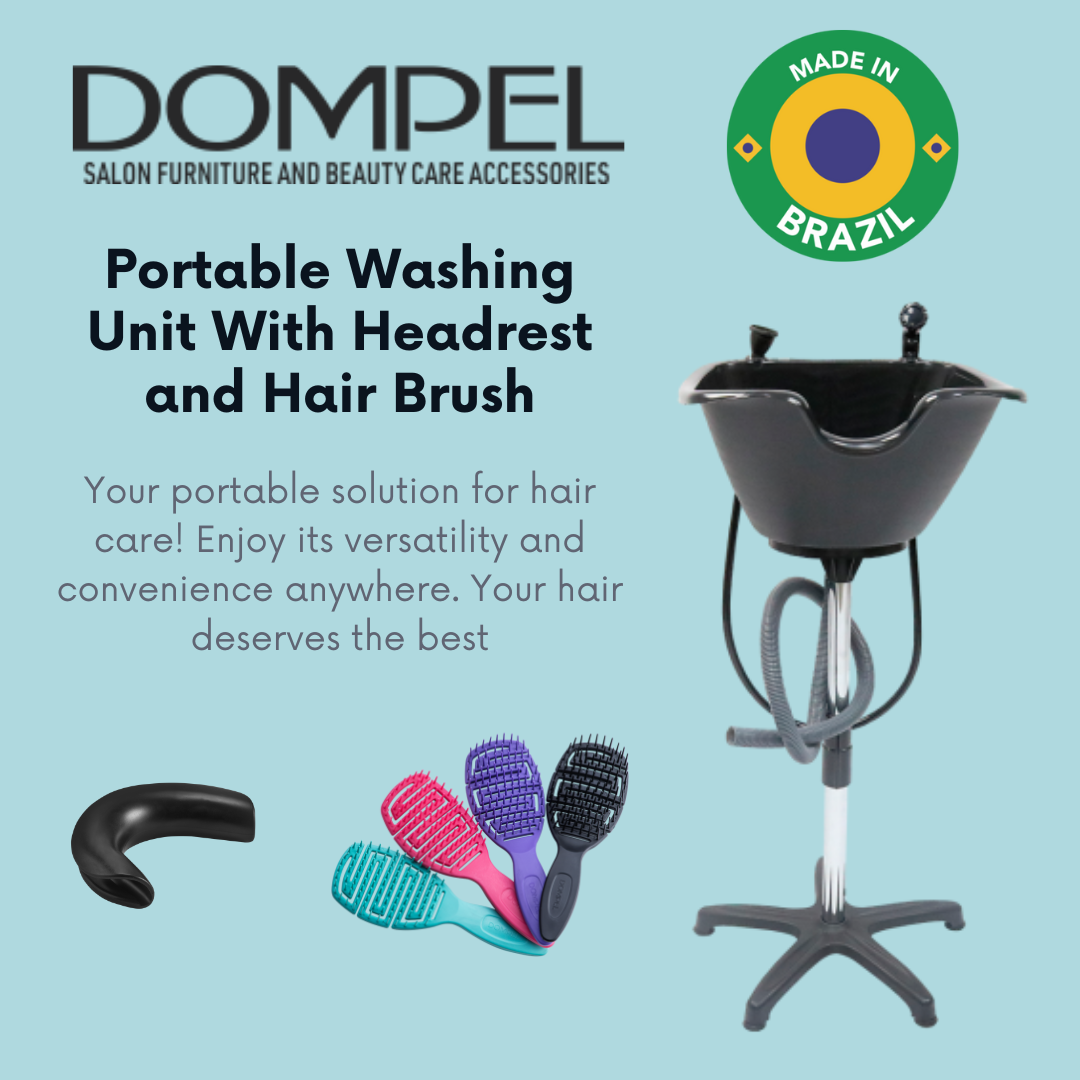Unidad de lavado, lavamanos portátil, incluye manguera de desagüe y grifo con manguera, reposacabezas y juego de 4 cepillos para el cabello. - Dompel