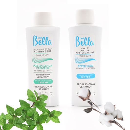 Depil Bella Waxing Bundle: Pre-Wax Astringent Lotion with Mint & Post-Wax Oil with Cotton Seed, 60 ml Each