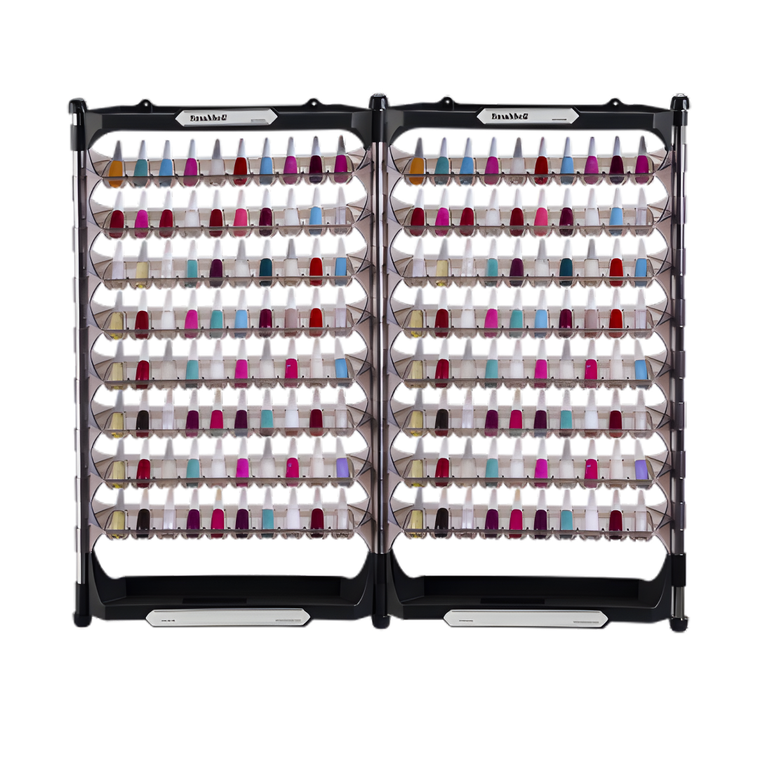 Expositor doble Dompel Smaltbell Flex - 16 estantes, capacidad para 160 esmaltes de uñas, modelo 3571-C - Expositor eficiente y elegante