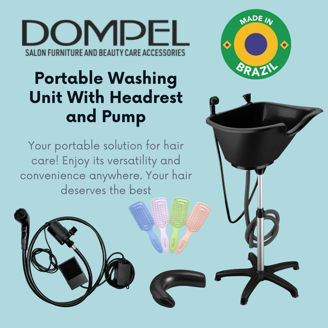 Unidad de lavado de cabello portátil DOMPEL | con Bomba Eléctrica con Ducha y Manguera, Manguera de Drenaje, Reposacabezas y Juego de Cepillo para el Cabello. Modelo 1891