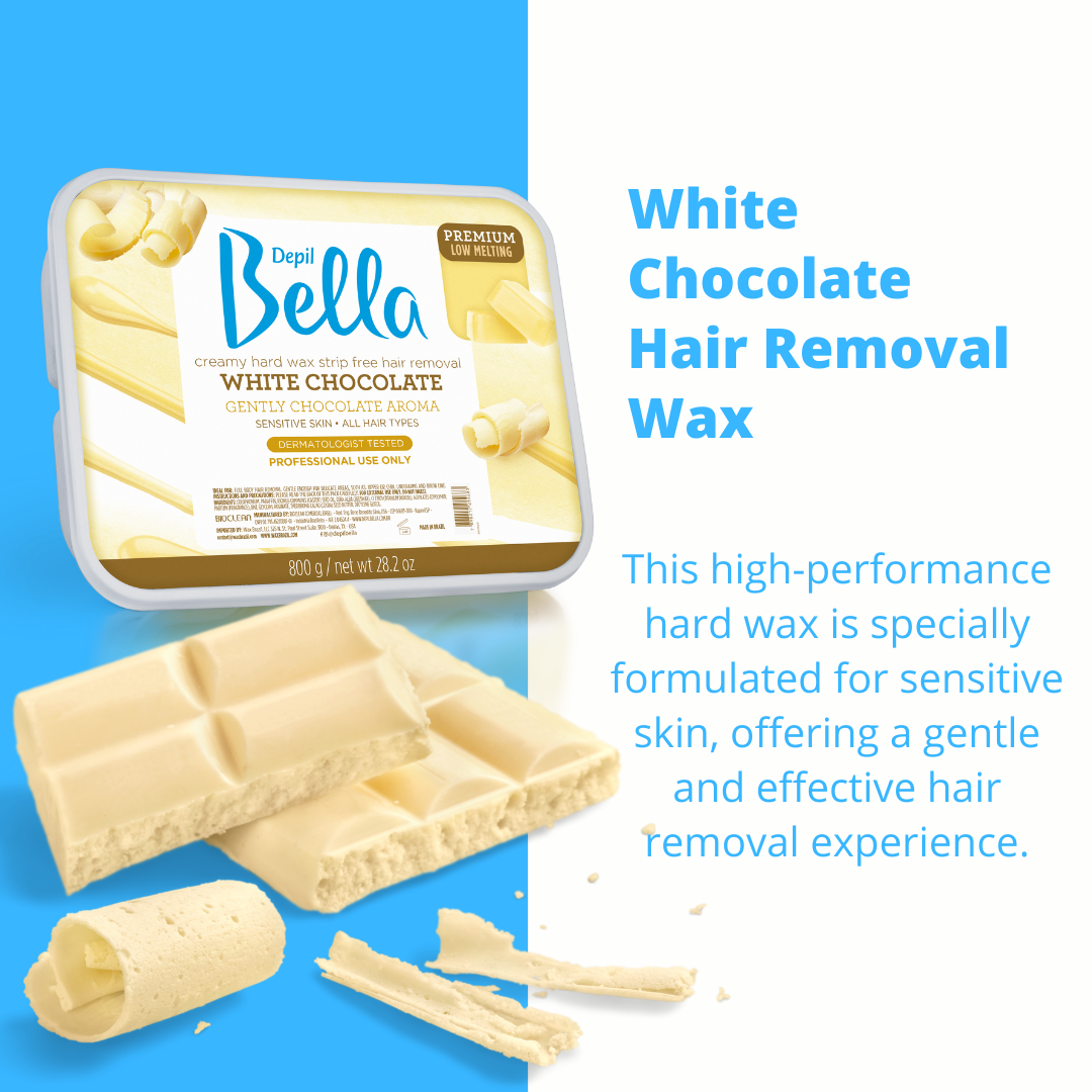 Bundle Depil Bella Cera Dura Chocolate Blanco 28.2 Oz (3 Unidades) + 1 Pre Depilación 500 ml + 1 Post Depilación 500 ml + 1 Dolomita + 100 Espátulas de Madera