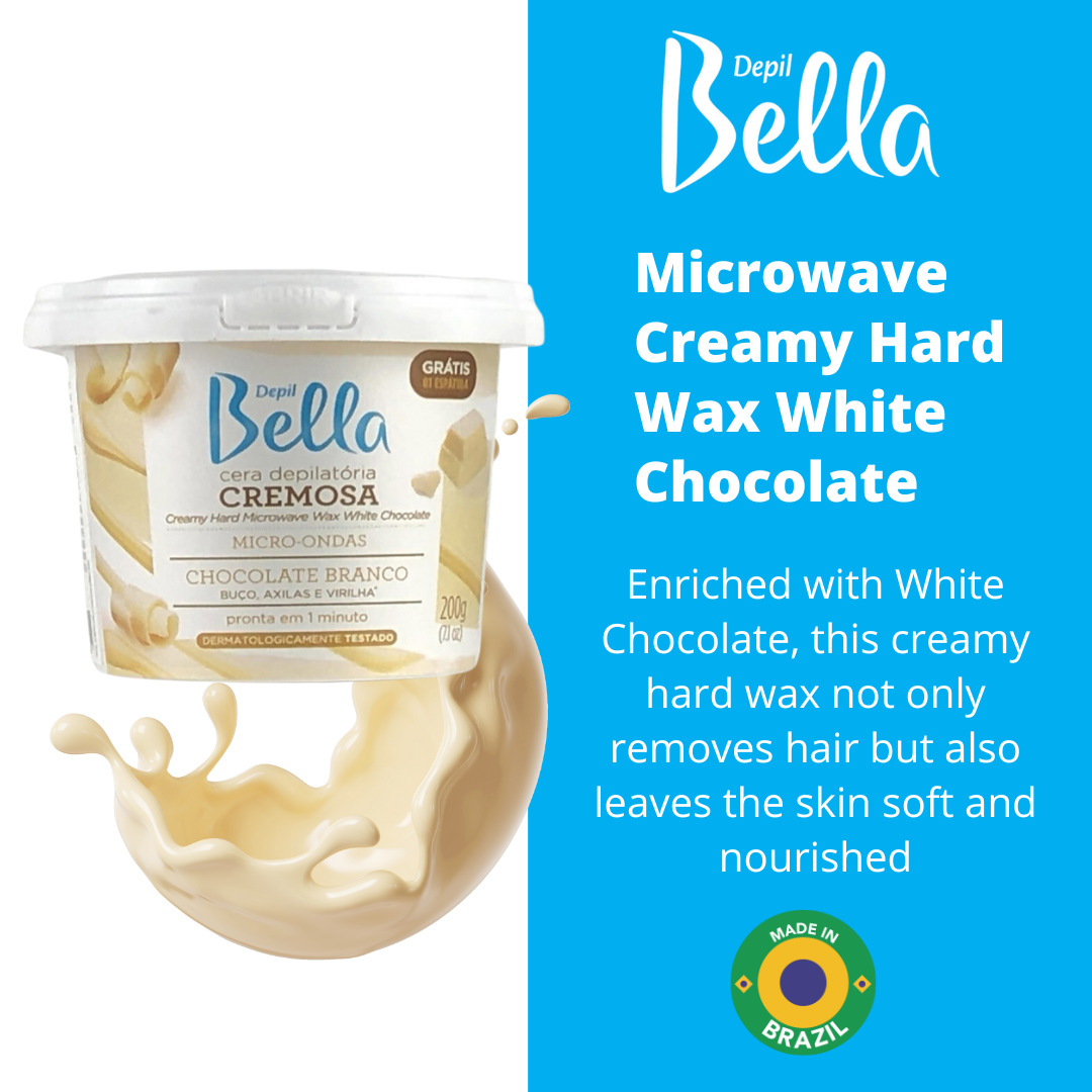 Paquete de depilación Depil Bella - 2 chocolate blanco y 2 cera dura para microondas verde | 100 palitos de cera de madera | 2 Pre-Cera Astringente | 2 Aceite para encerado | Práctico estuche de almacenamiento.