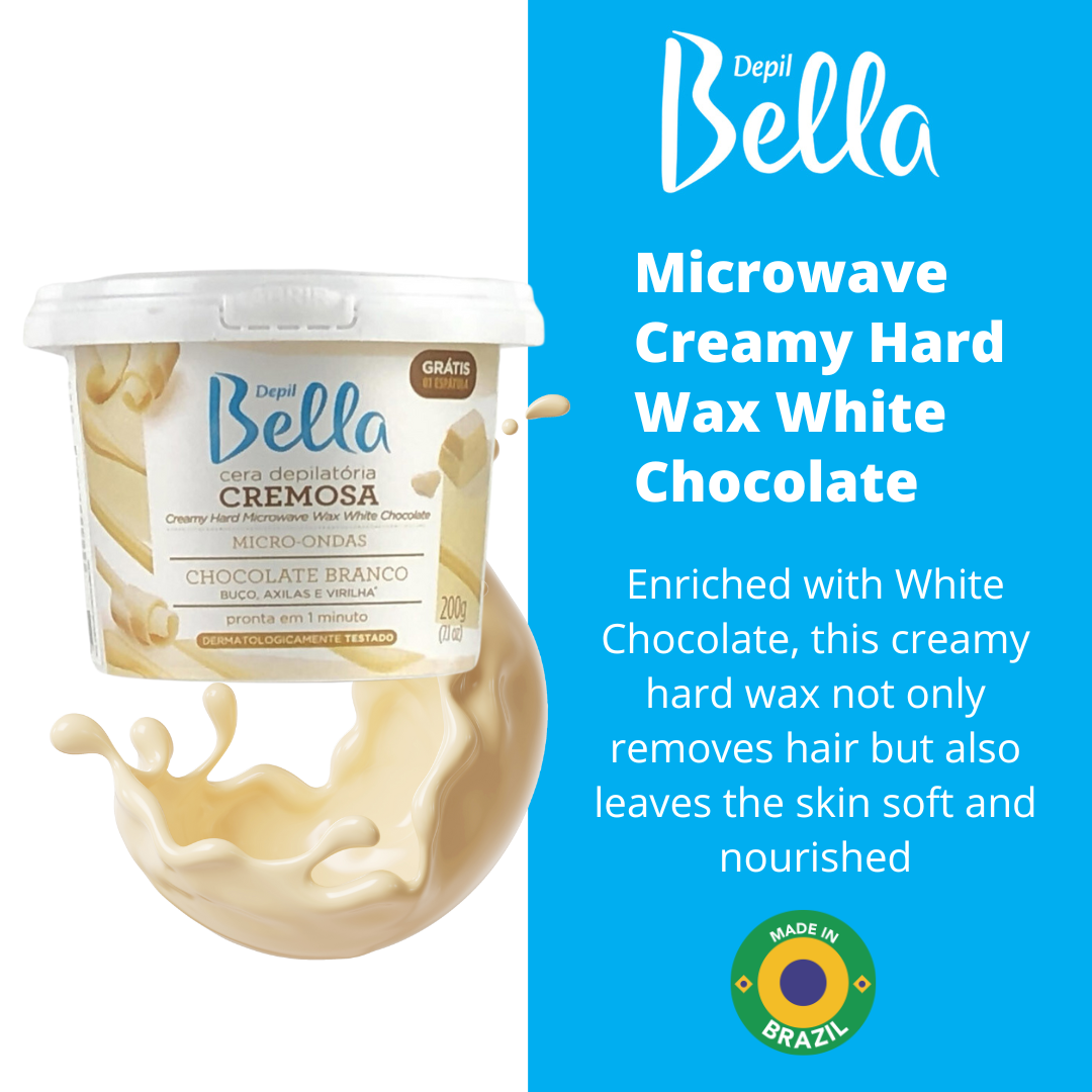 Depil Bella Hair Removal Bundle - 2 White Chocolate & 2 Green Microwave Hard Wax | 100 Wooden Wax Sticks | 2 Pre-Wax Astringent | 2 Wax-Off Oil 