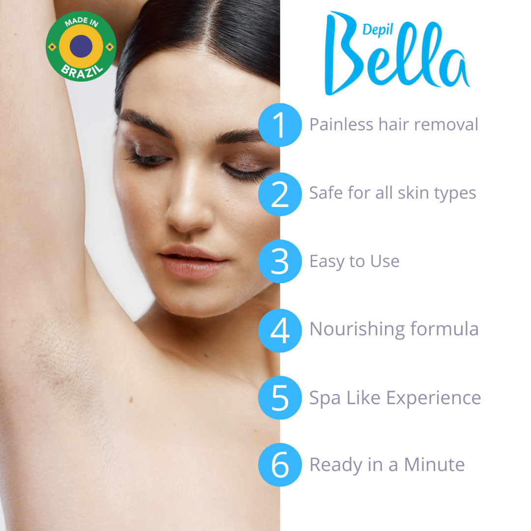 Paquete de depilación Depil Bella - 2 chocolate blanco y 2 cera dura para microondas verde | 100 palitos de cera de madera | 2 Pre-Cera Astringente | 2 Aceite para encerado | Práctico estuche de almacenamiento.
