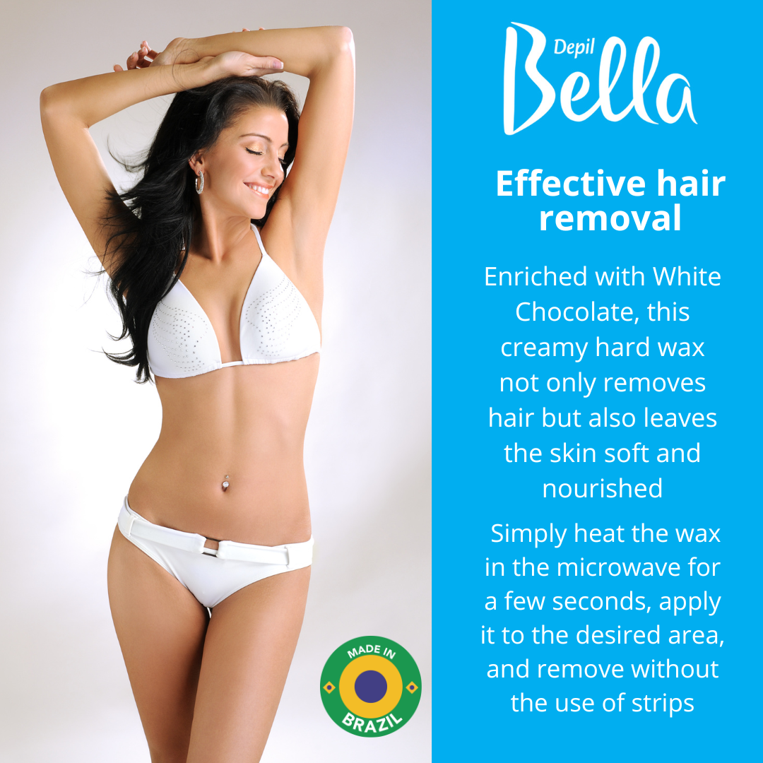 Depil Bella Hair Removal Bundle - 2 White Chocolate & 2 Green Microwave Hard Wax | 100 Wooden Wax Sticks | 2 Pre-Wax Astringent | 2 Wax-Off Oil | Convenient Storage Case