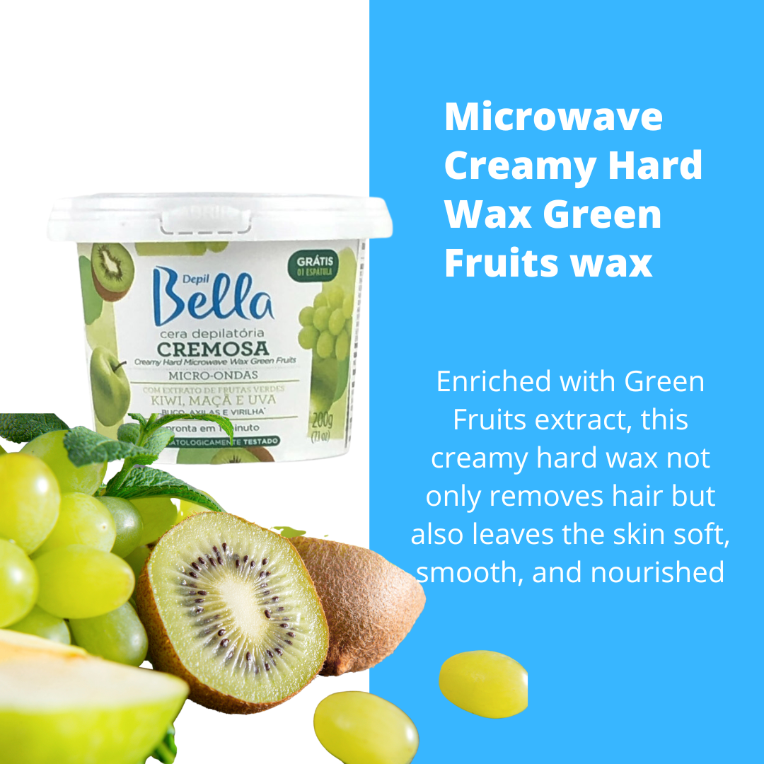 Kit Depil Bella Creamy Hard  Wax Microwave - 2 White Chocolate 1 Green Fruits - 100 Wooden Spatulas