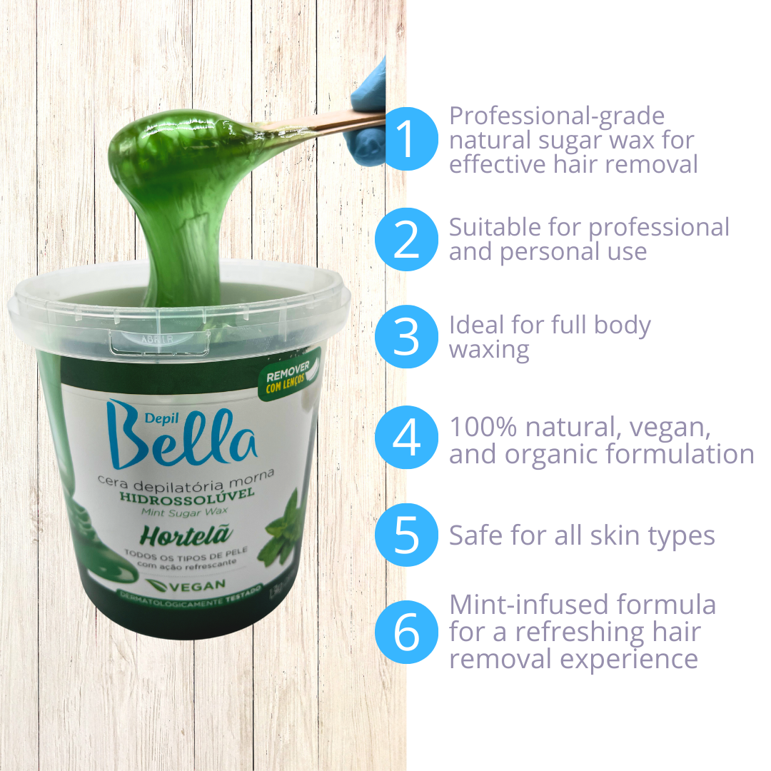Depil Bella Cera de Azúcar de Cuerpo Completo Menta, Depiladora, Vegana - 1300g