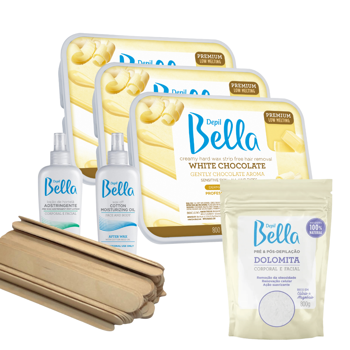 Lote Depil Bella Cera Dura Chocolate Blanco 28.2 Oz (3 Unidades) + 1 Pre Depilación + 1 Post Depilación + 1 Dolomita + 100 Espátulas De Madera - depilcompany