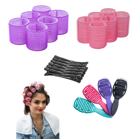 Self Grip Rollers for Hair - Salon Hair Curlers Set for Long, Medium, Short Hair – Big Hair Rollers for Styling and Extra Volume 2 Size (12 Large - 12 Jumbo), 12 Clip and Hair Brush Set (4 pcs) - Depilcompany
