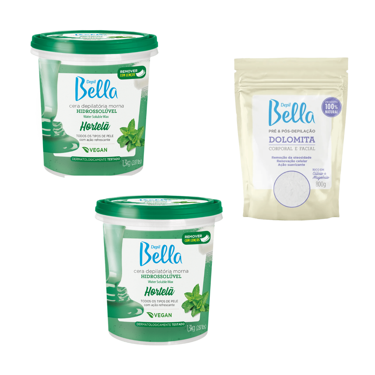 Depil Bella Pack 2 Cera de Azúcar Cuerpo Completo Depilación Menta, y 1 Dolomita en Polvo, 100% natural, vegana, para todo tipo de piel. - compañía depilatoria